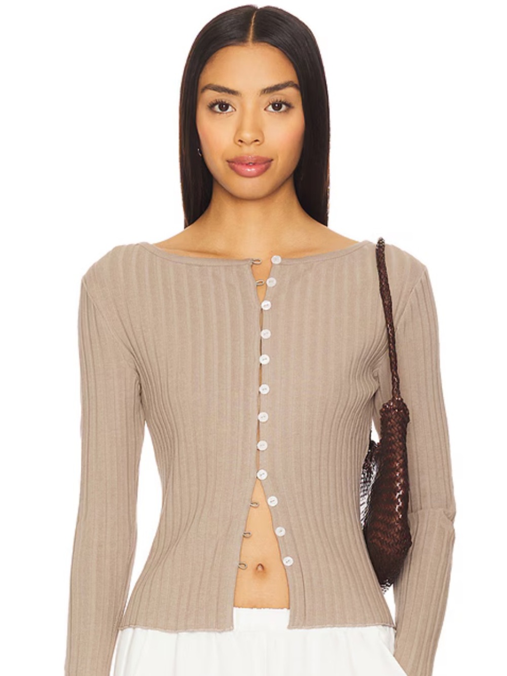 *New* Free People Chestnut Ribbed Button-Front Long Sleeve Top - Picture 8 of 9